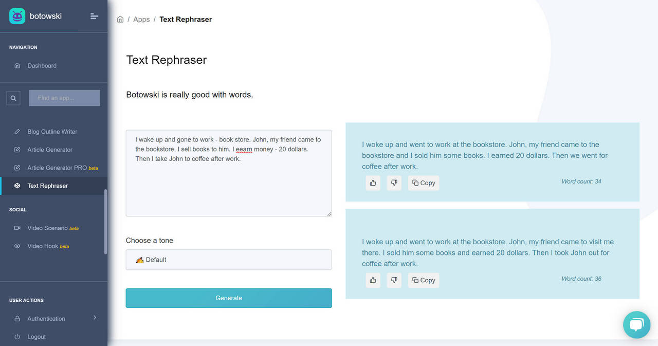 AI paraphrasing tool interface output